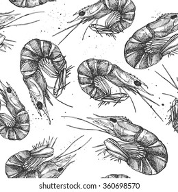 Hand drawn vector illustration - Seamless patterns with shrimp. Vintage