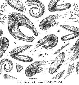 Hand drawn vector illustration - Seamless patterns with seafood (salmon, shrimp, octopus, mussels). Vintage