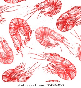 Hand Drawn Vector Illustration - Seamless Patterns With Shrimp. Vintage