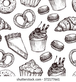  Hand drawn vector illustration - Seamless pattern with sweet and dessert. Yummy background (croissant, cupcakes, pretzels, cake, cheesecake, macaroon).