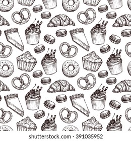 Hand drawn vector illustration - Seamless pattern with sweet and dessert. Yummy background (croissant, cupcakes, pretzels, cake, cheesecake, macaroon).