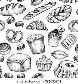 Ilustración vectorial dibujada a mano - Patrón transparente con dulce y postre. Sólido fondo (croissant, pastelitos, pretzels, tarta de queso, macaroon). Panadería. 