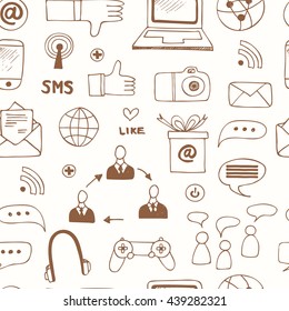 Hand drawn vector illustration seamless pattern with social media sign and symbol doodles elements. Isolated vector illustration