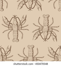 Hand drawn vector illustration, seamless pattern with lobsters on beige background, vintage pattern, textile, wallpaper