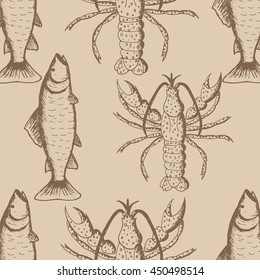 Hand drawn vector illustration, seamless pattern with lobsters and fish on beige background, vintage pattern, textile, wallpaper