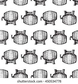 Hand drawn vector illustration, seamless pattern with barrels of beer on white background, vintage pattern, textile, wallpaper, beer pattern