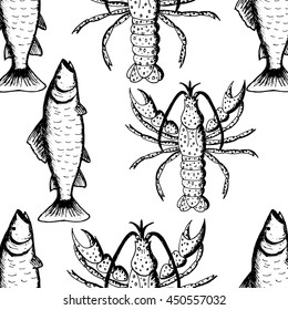 Hand drawn vector illustration, seamless pattern with lobsters and fish on white background, vintage pattern, textile, wallpaper