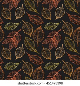 Hand drawn vector illustration. Seamless pattern with leaves. Forest background