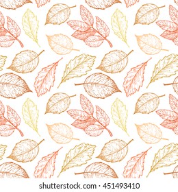 Hand drawn vector illustration. Seamless pattern with leaves. Forest background