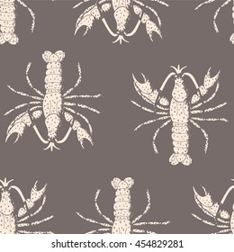 Hand drawn vector illustration, seamless pattern with beige lobsters on gray background, vintage pattern, textile, wallpaper