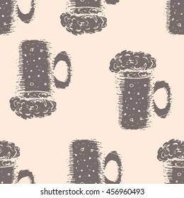 Hand drawn vector illustration, seamless pattern with brown mugs of beer on beige background, wallpaper
