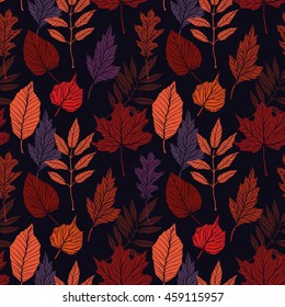 Hand Drawn Vector Illustration. Seamless Pattern With Fall Leaves. Forest Background. Colors Of Autumn