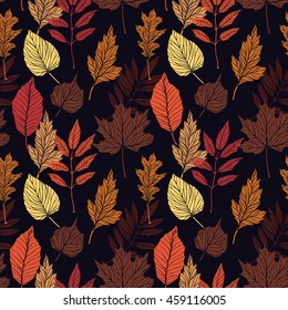Hand drawn vector illustration. Seamless pattern with fall leaves. Forest background. Colors of Autumn