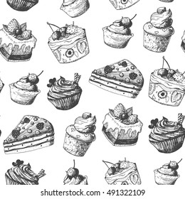 Hand drawn vector illustration - seamless pattern with sweet and dessert. Yummy sweet background. Linear graphic design.