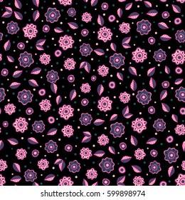Hand drawn vector illustration. Seamless color background in magenta and blue colors. Vector seamless pattern with small flower blossoms on a black background.