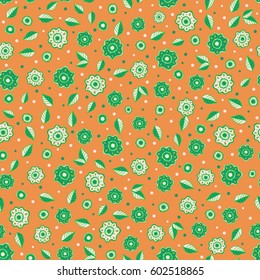 Hand drawn vector illustration. Seamless color background in orange and green colors. Vector seamless pattern with small flower blossoms.