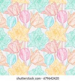 Hand drawn vector illustration. Seamless pattern with decorative doodle tulips hand drawn in lines. Vector illustration
