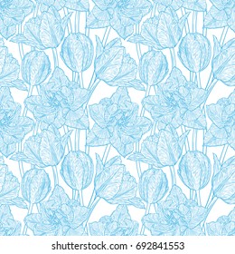 Hand drawn vector illustration Seamless pattern with decorative doodle tulips hand drawn in lines. Vector illustration
