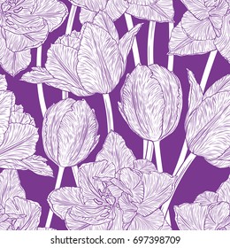 Hand drawn vector illustration Seamless pattern with decorative doodle tulips hand drawn in lines. Vector illustration
