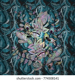 Hand drawn. Vector illustration. Seamless floral pattern in folk style with flowers, leaves.