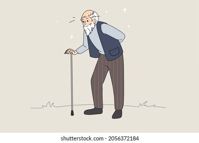 Hand drawn vector illustration of senior man with walking stick. Senior retirement. Walking old man. Vector illustration with abstract background