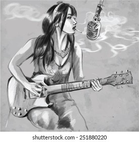  Handgezeichnete Vektorillustration. Rauchserie: Frauen rauchen Zigaretten und spielen Gitarre. Die Zeichnung besteht aus vier Lagen von Linien, der farbige Hintergrund ist isoliert. Bearbeitbar in Schichten und Gruppen.