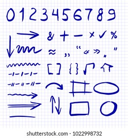 Hand drawn vector illustration set isolated on the checkered notebook sheet. Arrows, math symbols, numbers, speech bubbles, correction and highlight elements. Doodle sketch icons.