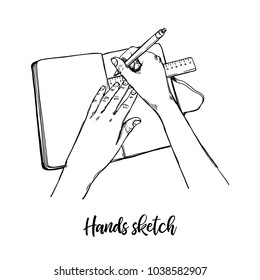 Hand drawn vector illustration. Set of hand gestures, Man holds notebook and draws. Sketch style. Perfect for business presentations, magazins, prints, posters etc