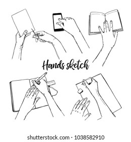 Hand drawn vector illustration. Set of hand gestures, Man holds notebook, phone, pen. Sketch style. Perfect for business presentations, magazins, prints, posters