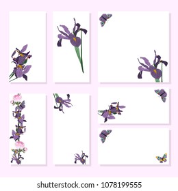 Hand drawn vector illustration set with irises, butterfly visit cards and greeting templates