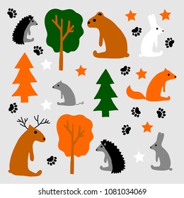 Hand drawn vector illustration set cartoon forest animals