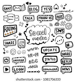 Hand drawn vector illustration set of social media sign and symbol elements, isolated.