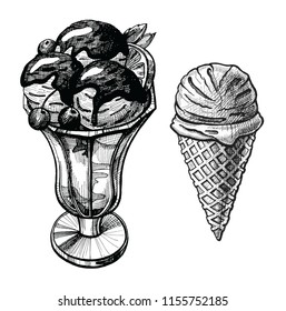 Hand drawn vector illustration set. Ice cream in the vase and waffle cone with berries chocolate and orange. Vintage sketch. Dessert food ink drawing for cafe or restaurant menu. Graphic image