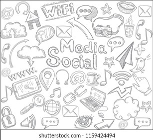 Hand drawn vector illustration set of social media sign and symbol doodles elements. Isolated on white background