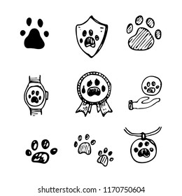 Hand Drawn vector illustration set of paws sign and symbol doodles elements. Isolated on white background.