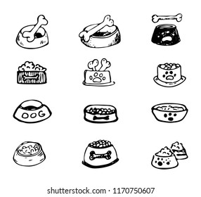 Hand Drawn vector illustration set of bowls of dog food sign and symbol doodles elements. Isolated on white background.