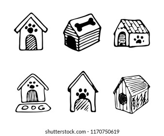 Hand Drawn vector illustration set of doghouses sign and symbol doodles elements. Isolated on white background.