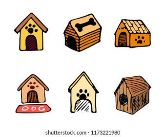 Hand Drawn vector illustration set of doghouses sign and symbol color doodles elements. Isolated on white background.