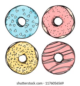 Hand drawn vector illustration - Set of tasty donuts. Sketch. Sweet desserts. Perfect for leaflets, cards, posters, prints, menu, booklets