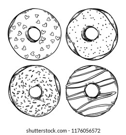 Hand drawn vector illustration - Set of tasty donuts. Sketch. Sweet desserts. Perfect for leaflets, cards, posters, prints, menu, booklets