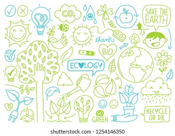 Hand drawn vector illustration of a set of ecology concepts, designs, and icons in doodle style, for publishing and web design