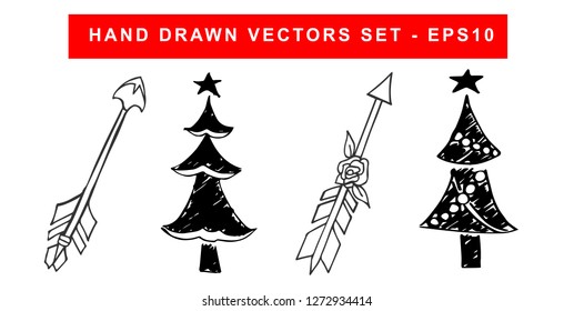 Hand Drawn Vector Illustration Set of Black Arrow With Feathers and Christmas Tree