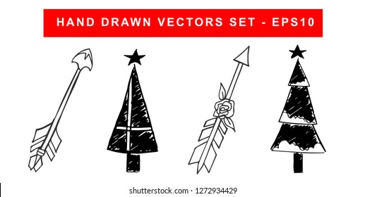 Hand Drawn Vector Illustration Set of Black Arrow With Feathers and Christmas Tree
