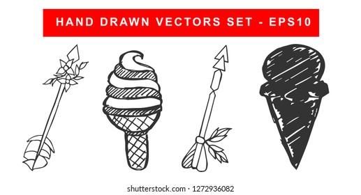 Hand Drawn Vector Illustration Set of Black Arrow With Feathers and Ice Cream Summer Food