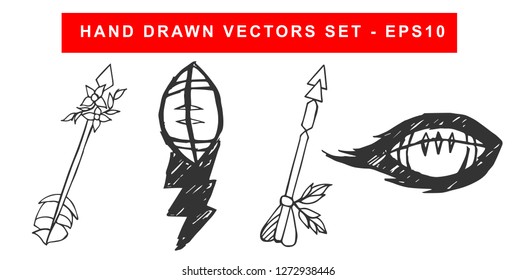 Hand Drawn Vector Illustration Set of Black Arrow With Feathers and Football Sports Game