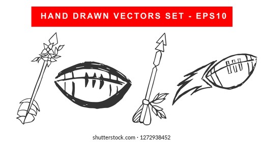Hand Drawn Vector Illustration Set of Black Arrow With Feathers and Football Sports Game