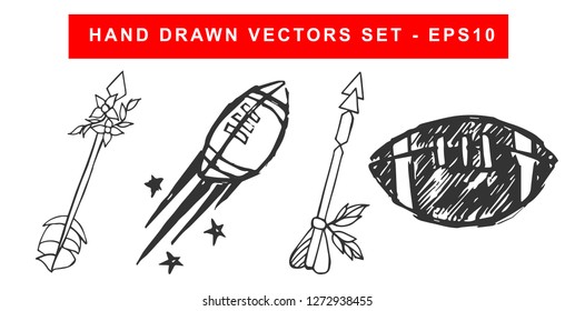 Hand Drawn Vector Illustration Set of Black Arrow With Feathers and Football Sports Game
