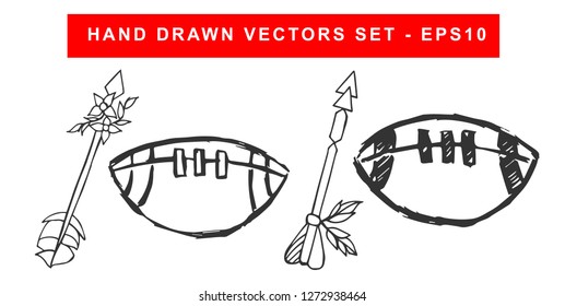 Hand Drawn Vector Illustration Set of Black Arrow With Feathers and Football Sports Game