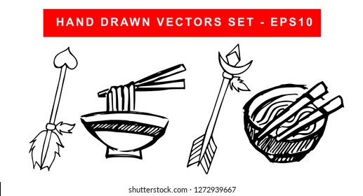 Hand Drawn Vector Illustration Set of Black Arrow With Feathers and Noodles or Ramen