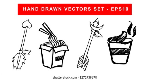 Hand Drawn Vector Illustration Set of Black Arrow With Feathers and Noodles or Ramen